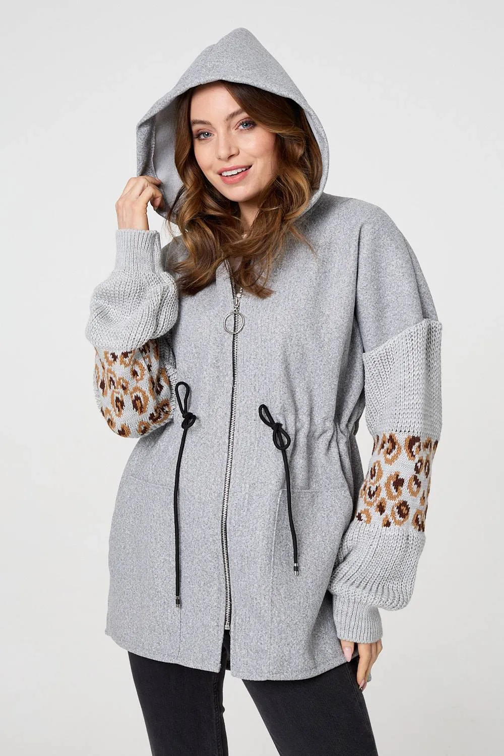 Animal Print Zip Front Relaxed Hoodie