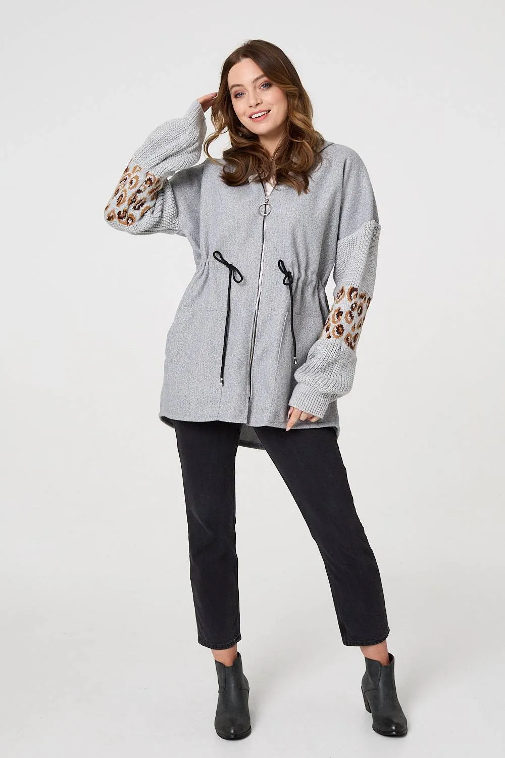 Animal Print Zip Front Relaxed Hoodie