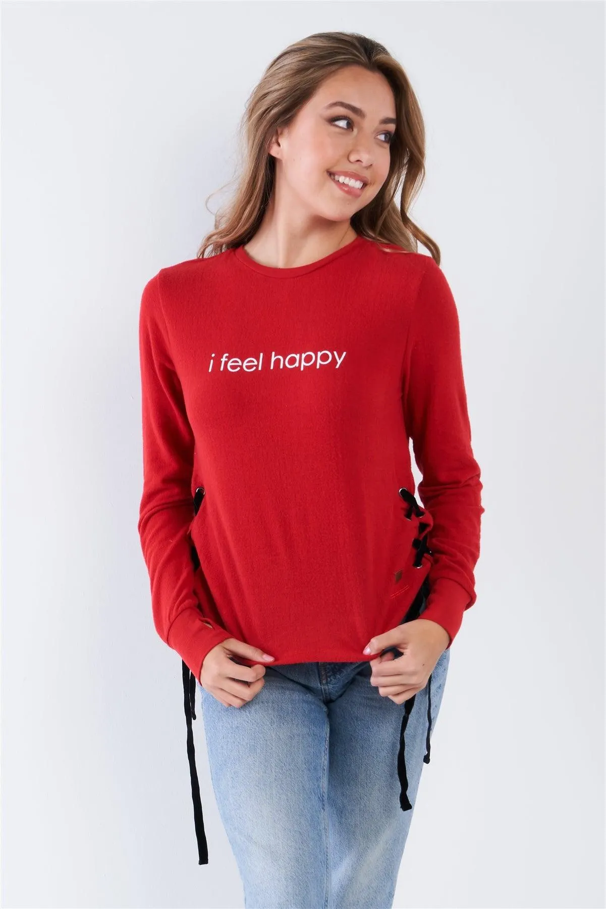 Barbados "I Feel Happy" Crew Neck Side Lace Up Top