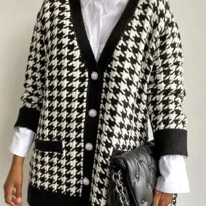 Black Houndstooth Knitted Cardigan