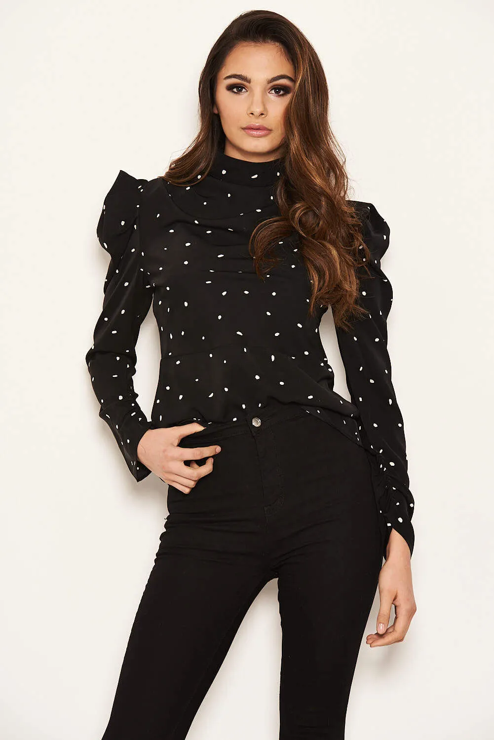 Black Polka Dot Puff Sleeve Top