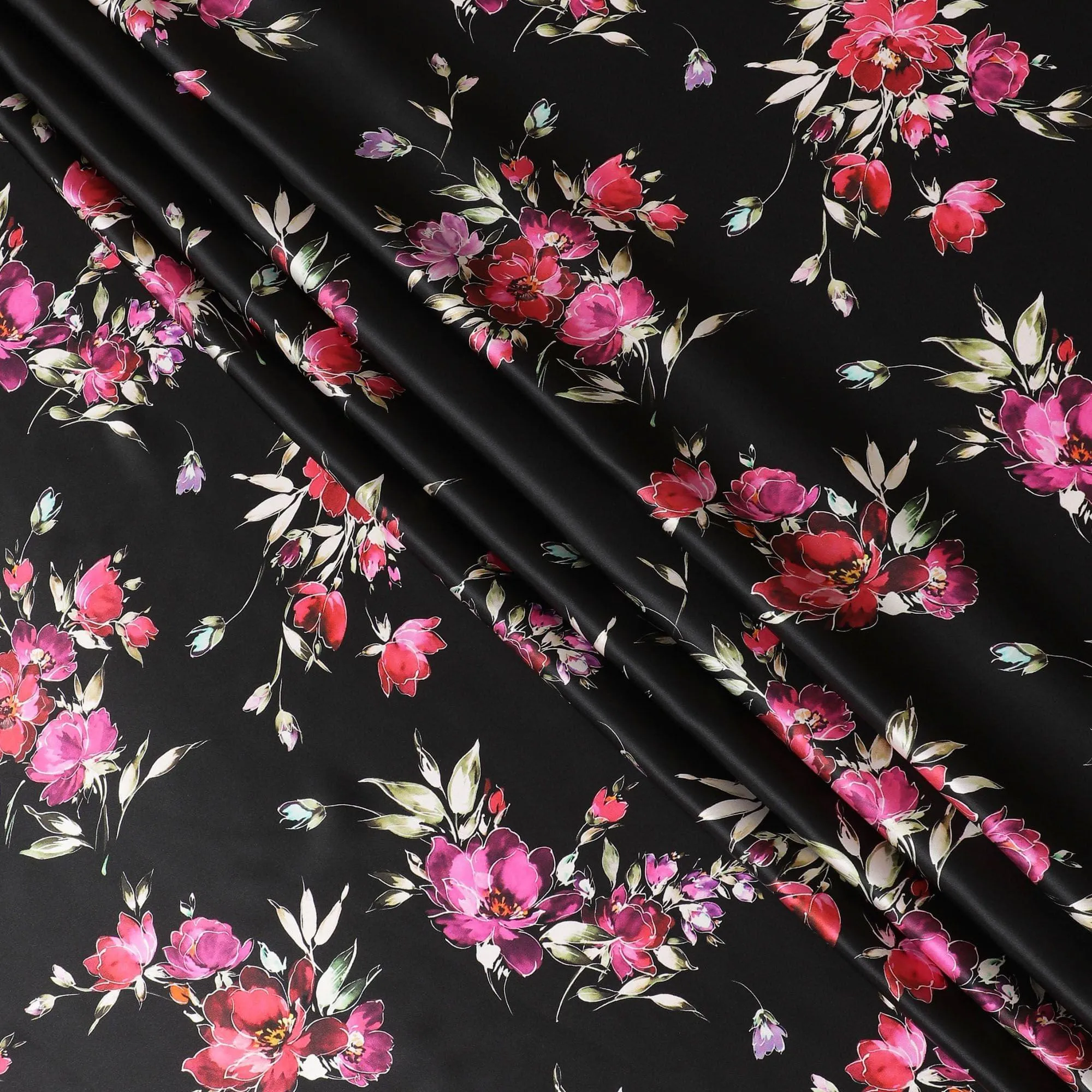 Black premium pure silk satin fabric with multicolor print in floral design-D14290