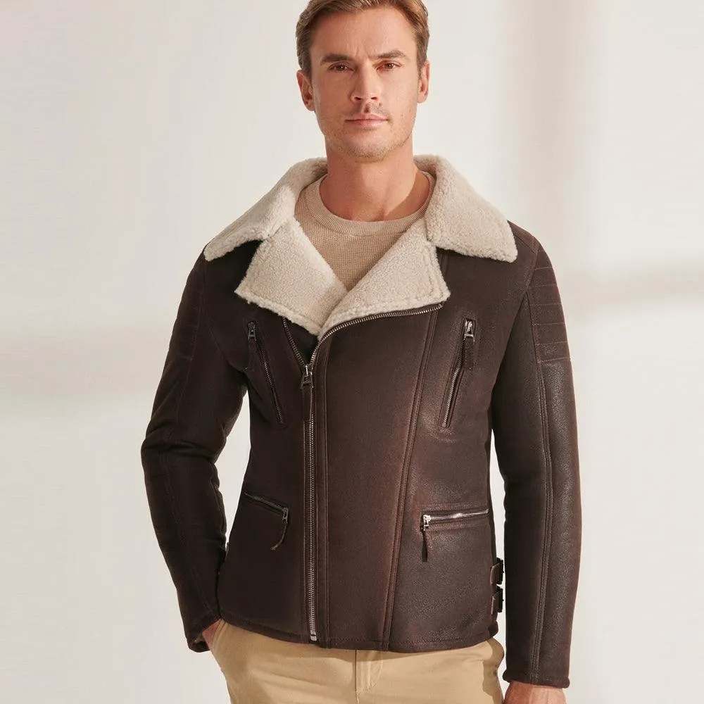 Brown B3 Pilot Sheepskin Shearling Aviator Biker Jacket for Men