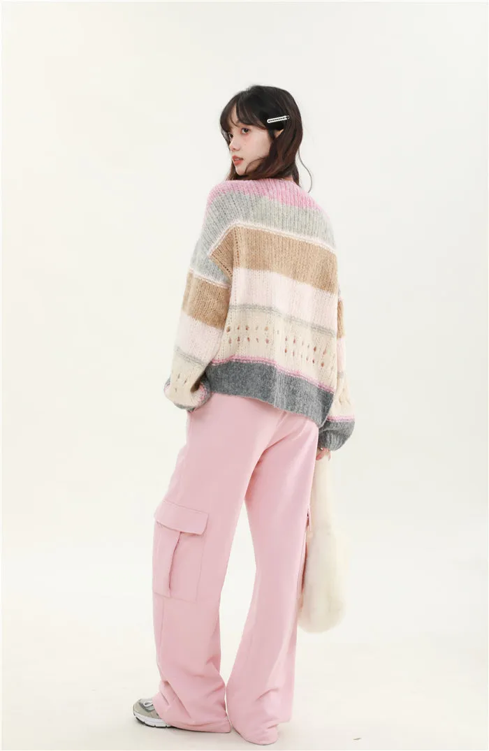 Brown Gray Pink Soft Girl Autumn Knitted Sweater Cardigan