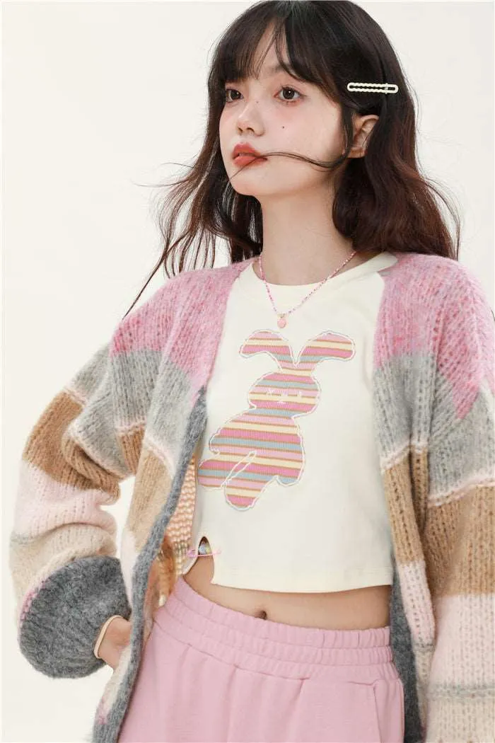 Brown Gray Pink Soft Girl Autumn Knitted Sweater Cardigan