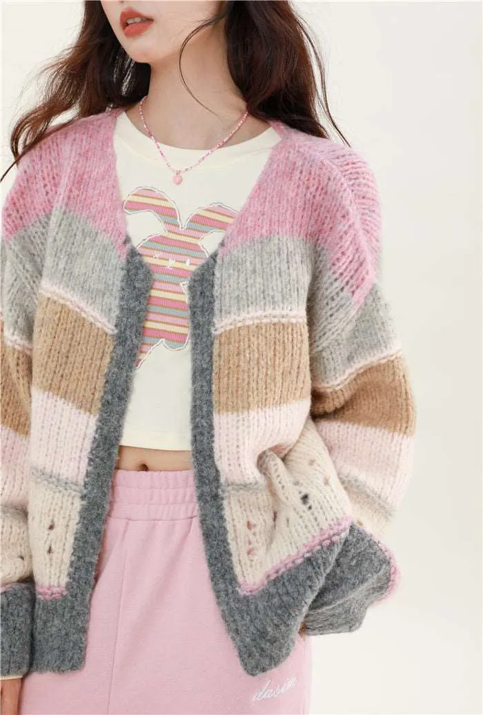 Brown Gray Pink Soft Girl Autumn Knitted Sweater Cardigan