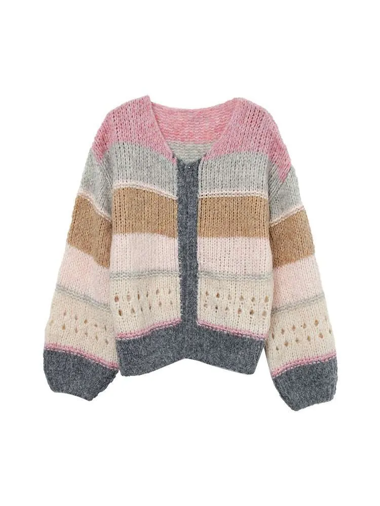 Brown Gray Pink Soft Girl Autumn Knitted Sweater Cardigan