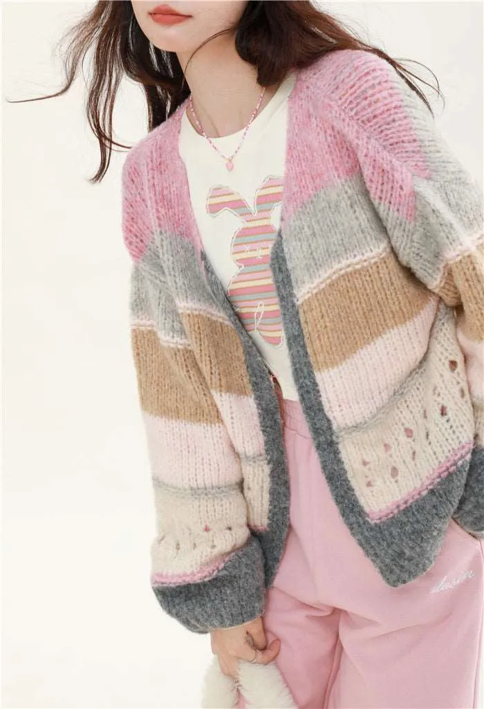 Brown Gray Pink Soft Girl Autumn Knitted Sweater Cardigan