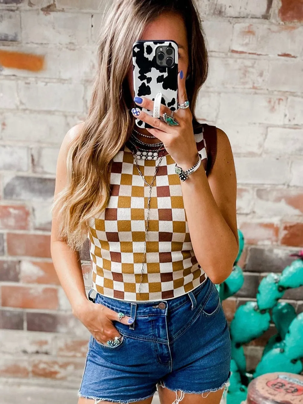 Brown Plaid Cropped Sleeveless Sweater Vest