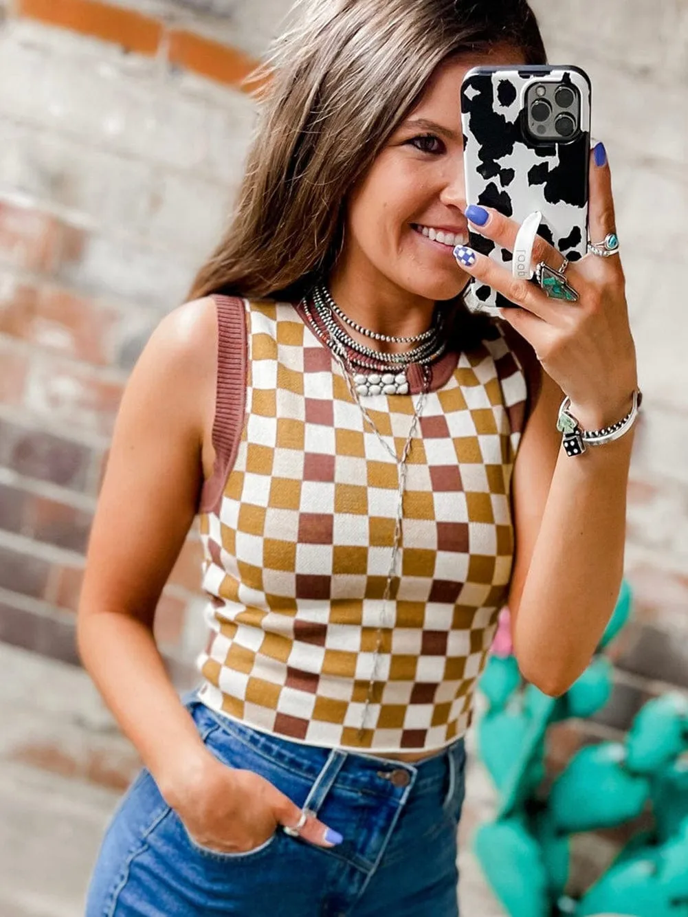 Brown Plaid Cropped Sleeveless Sweater Vest