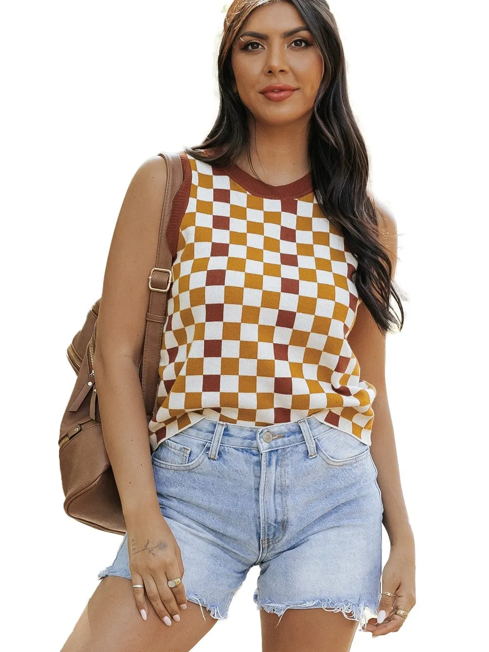 Brown Plaid Cropped Sleeveless Sweater Vest