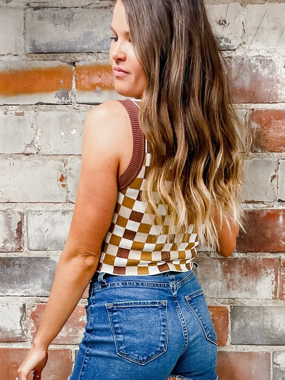 Brown Plaid Cropped Sleeveless Sweater Vest