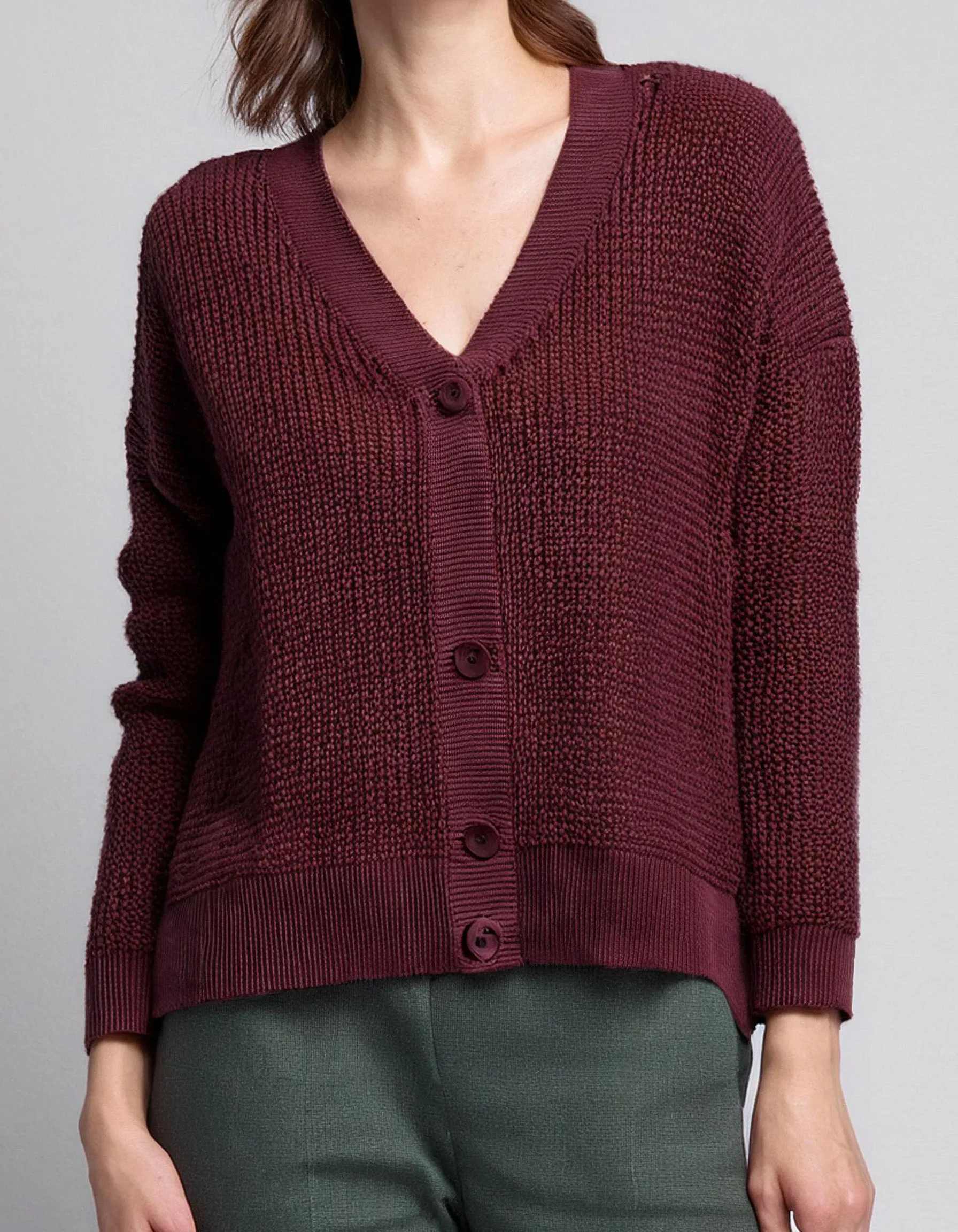 Burgundy V-Neck Button-Up Cardigan