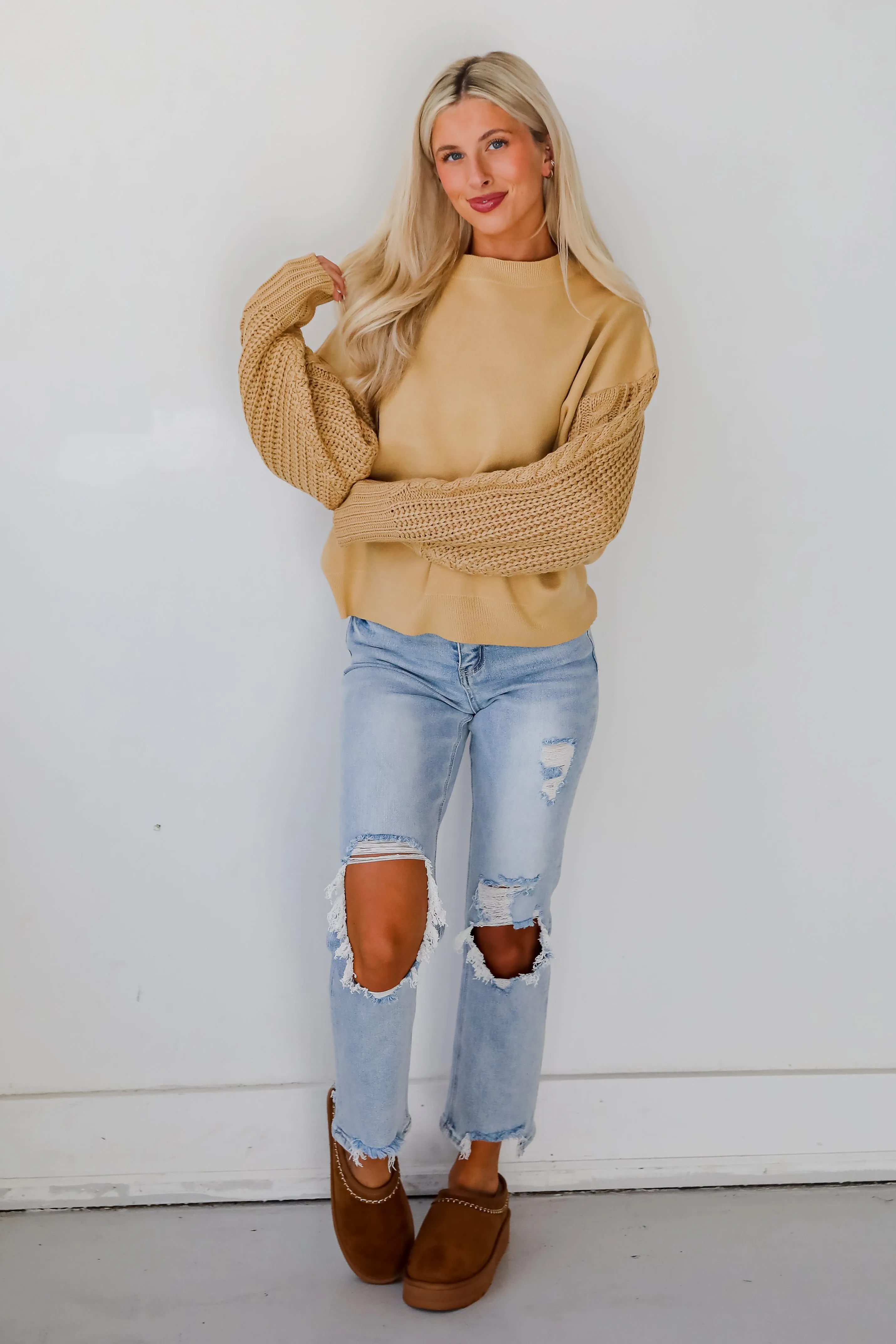 Cabin Cues Taupe Cable Knit Sleeve Sweater