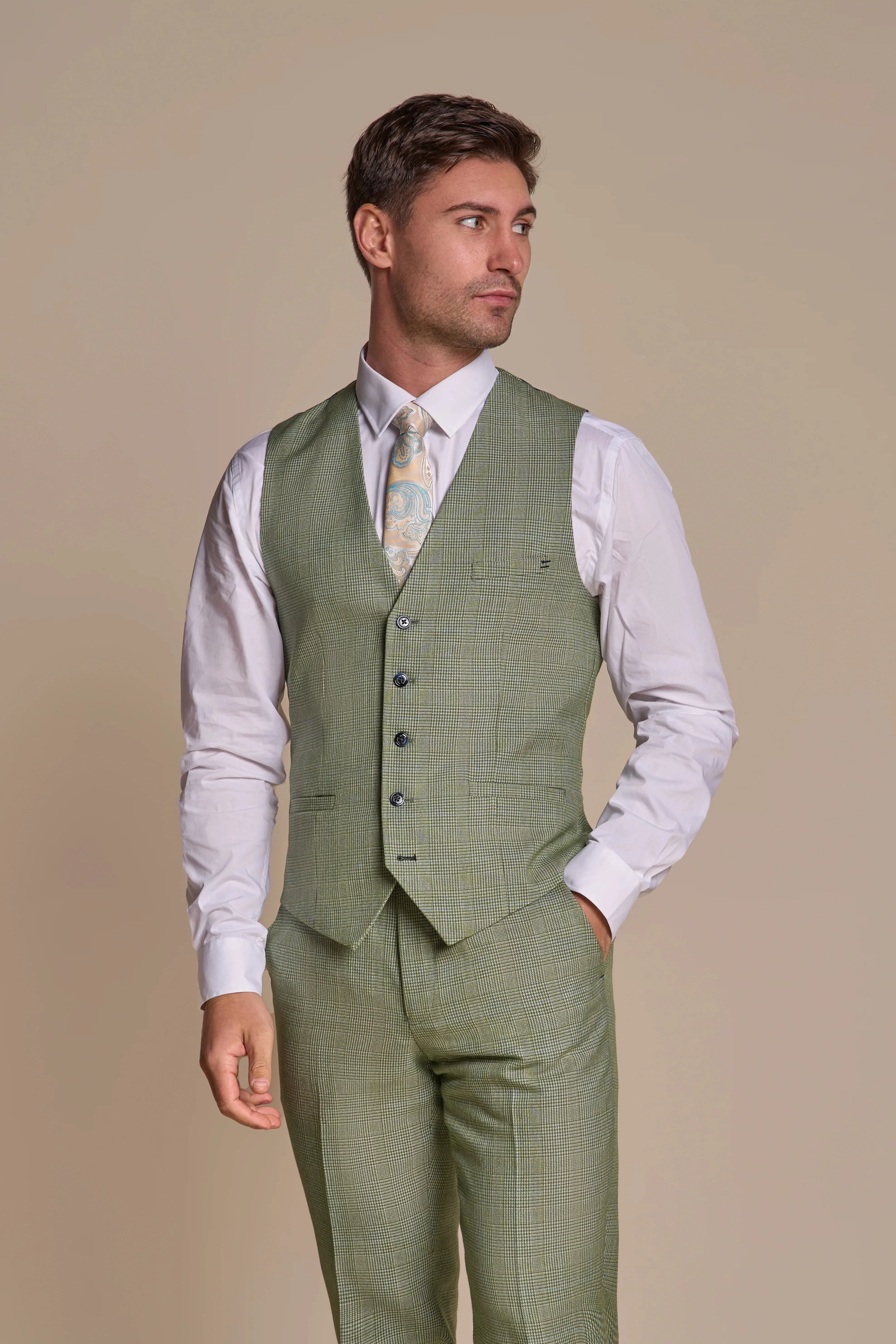 Caridi - Men's Sage Green 3 Piece Checked Suit