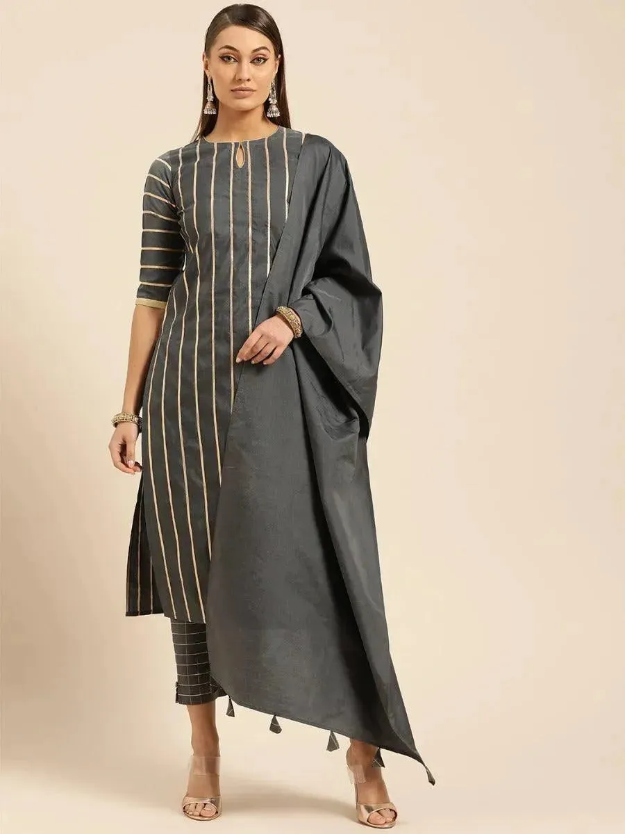 Charcoal Self Design Chanderi Silk Straight Kurta With Dupatta