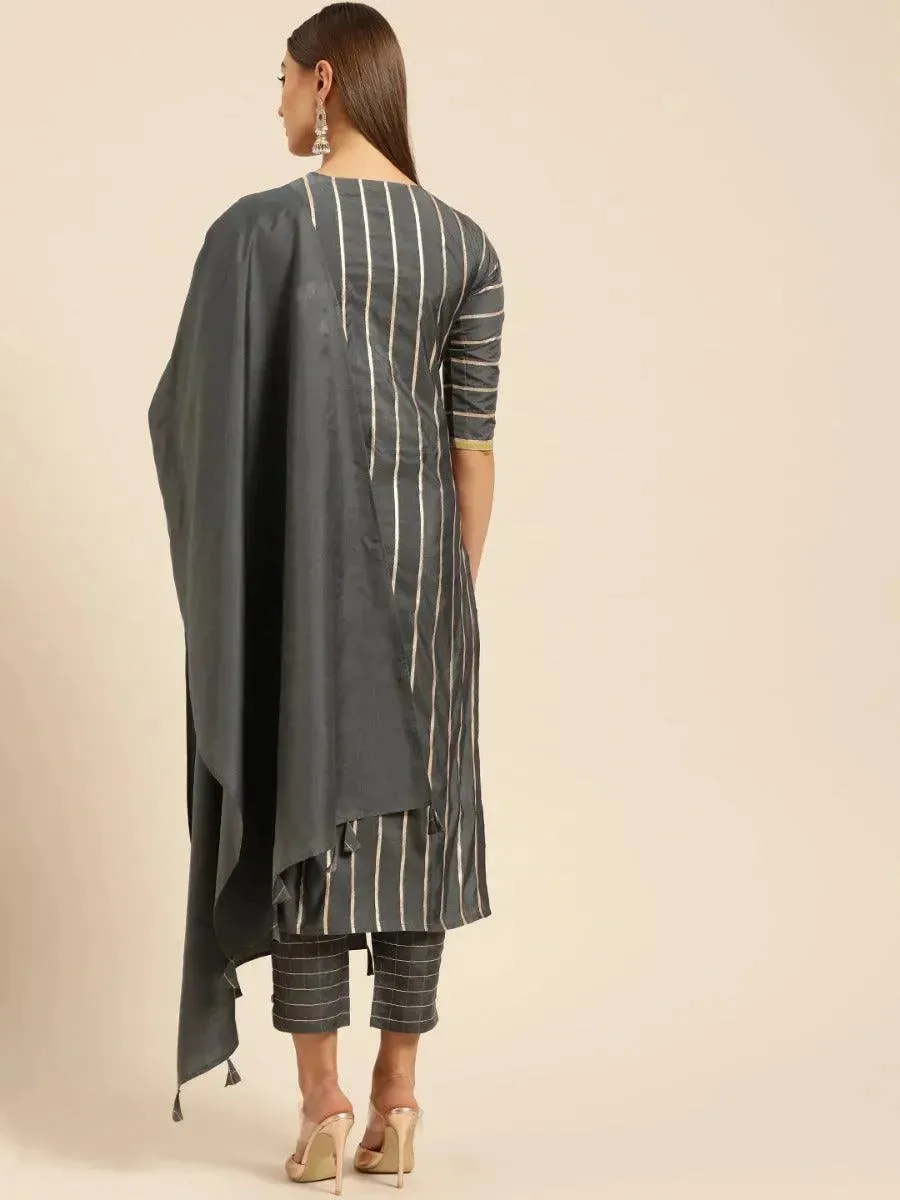 Charcoal Self Design Chanderi Silk Straight Kurta With Dupatta