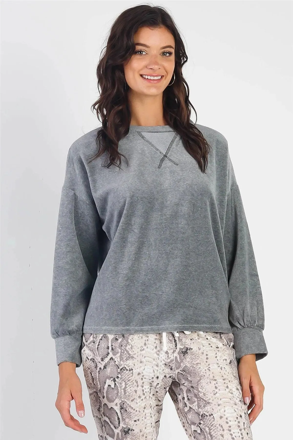 Charcoal Velour Cotton Blend Long Sleeve Sweatshirt