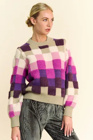 Checkered Round Neck Long Sleeve Sweater