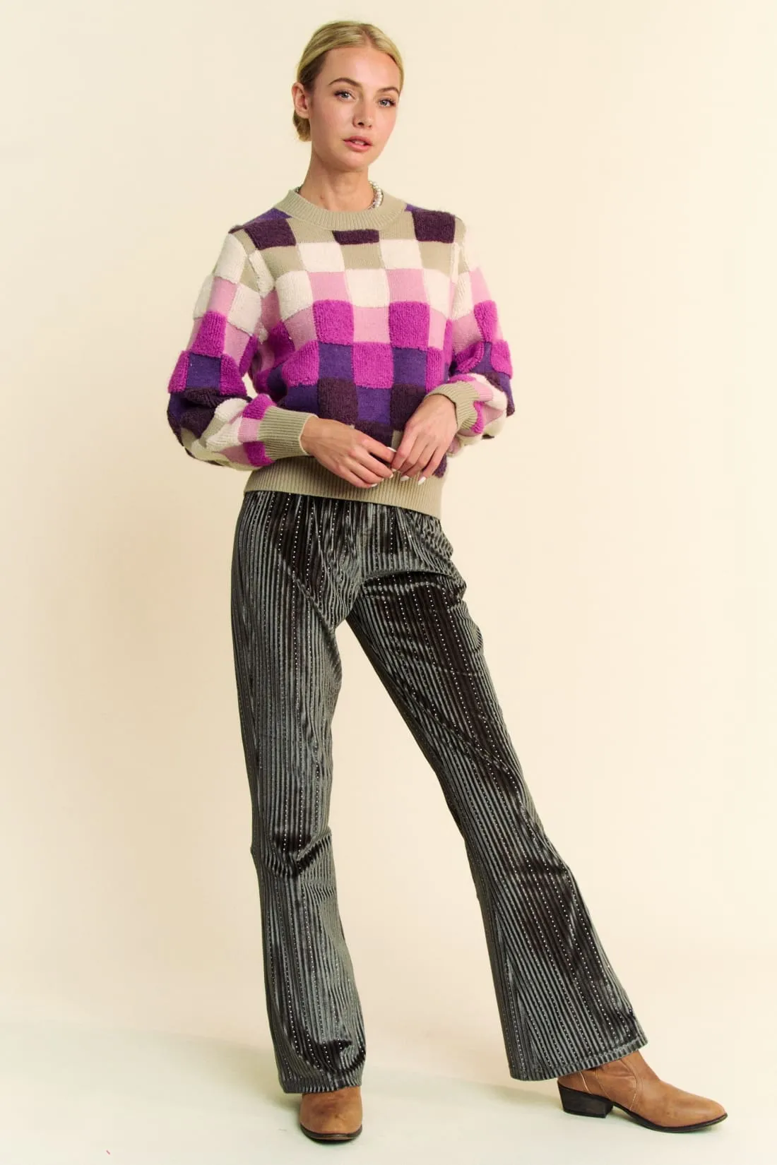 Checkered Round Neck Long Sleeve Sweater