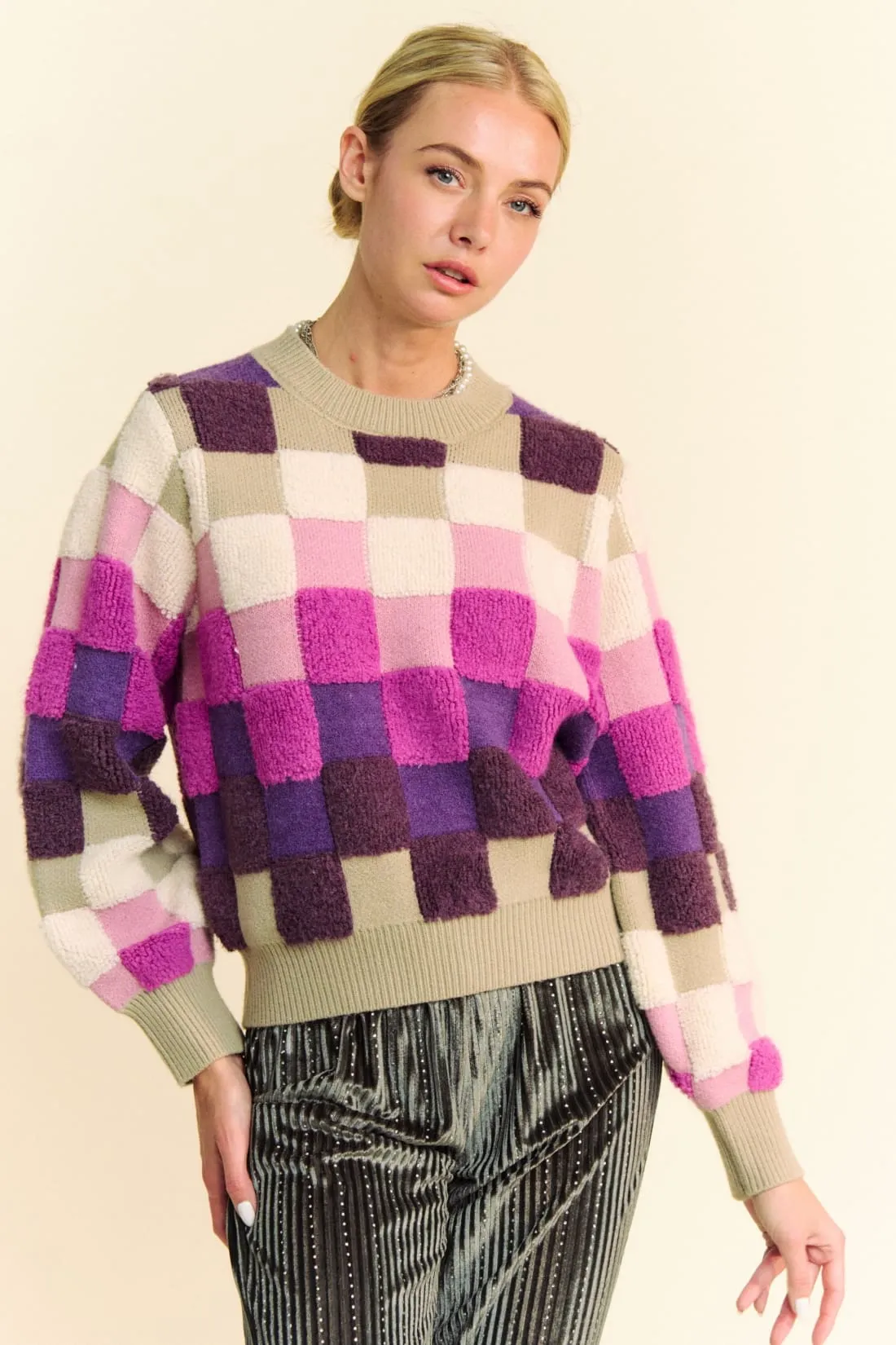 Checkered Round Neck Long Sleeve Sweater