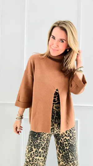 Chic Split Italian Sweater- Camel