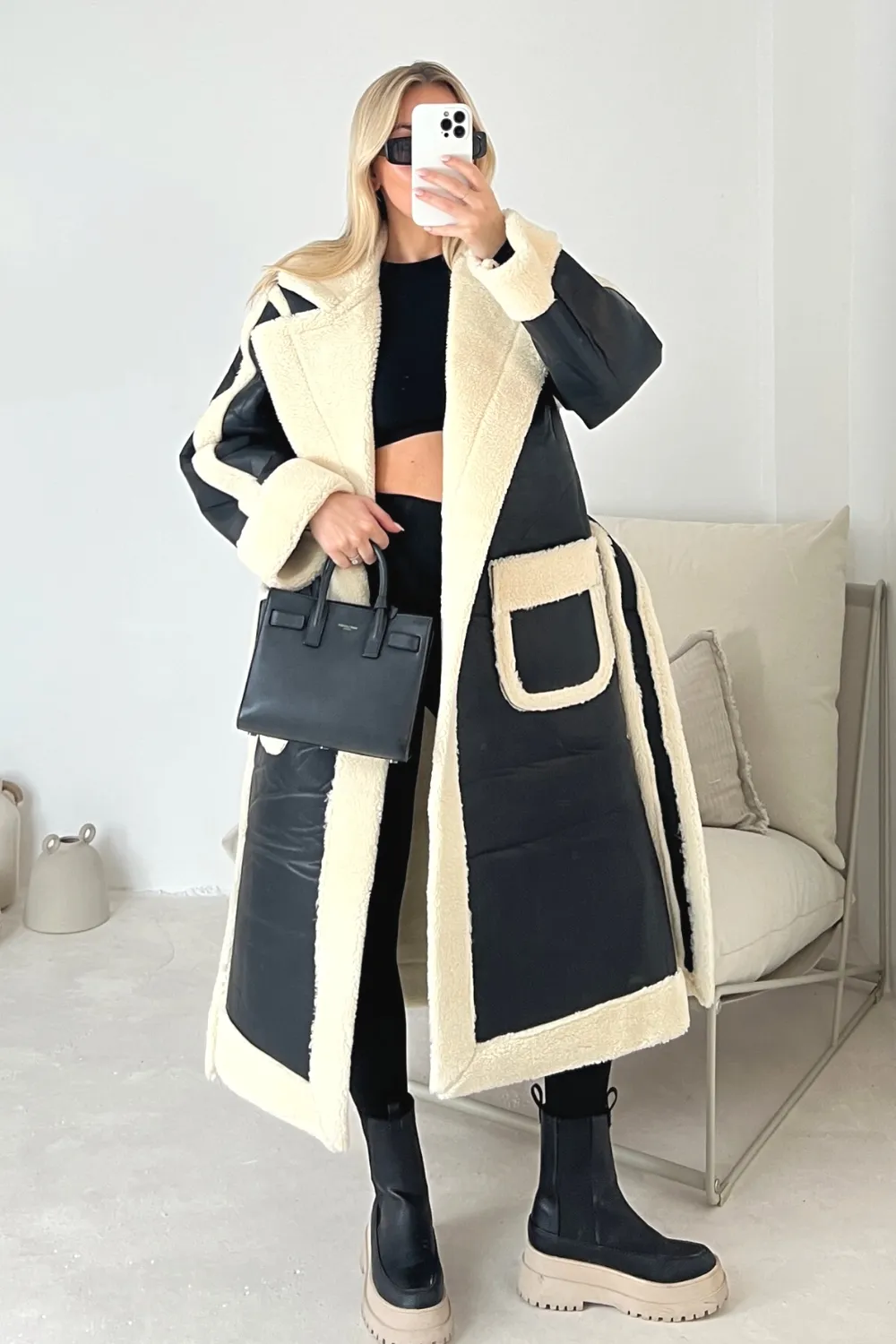 Christina black shearling faux leather long aviator coat