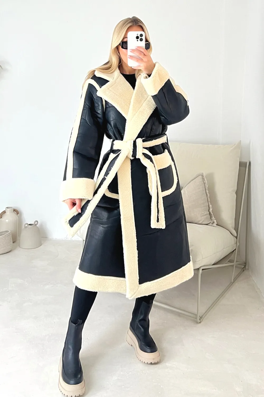 Christina black shearling faux leather long aviator coat