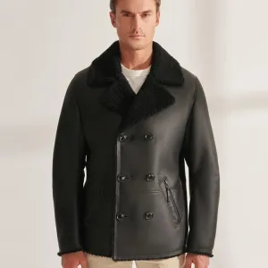 Classic Black Sheepskin Shearling Aviator Long Jacket Coat