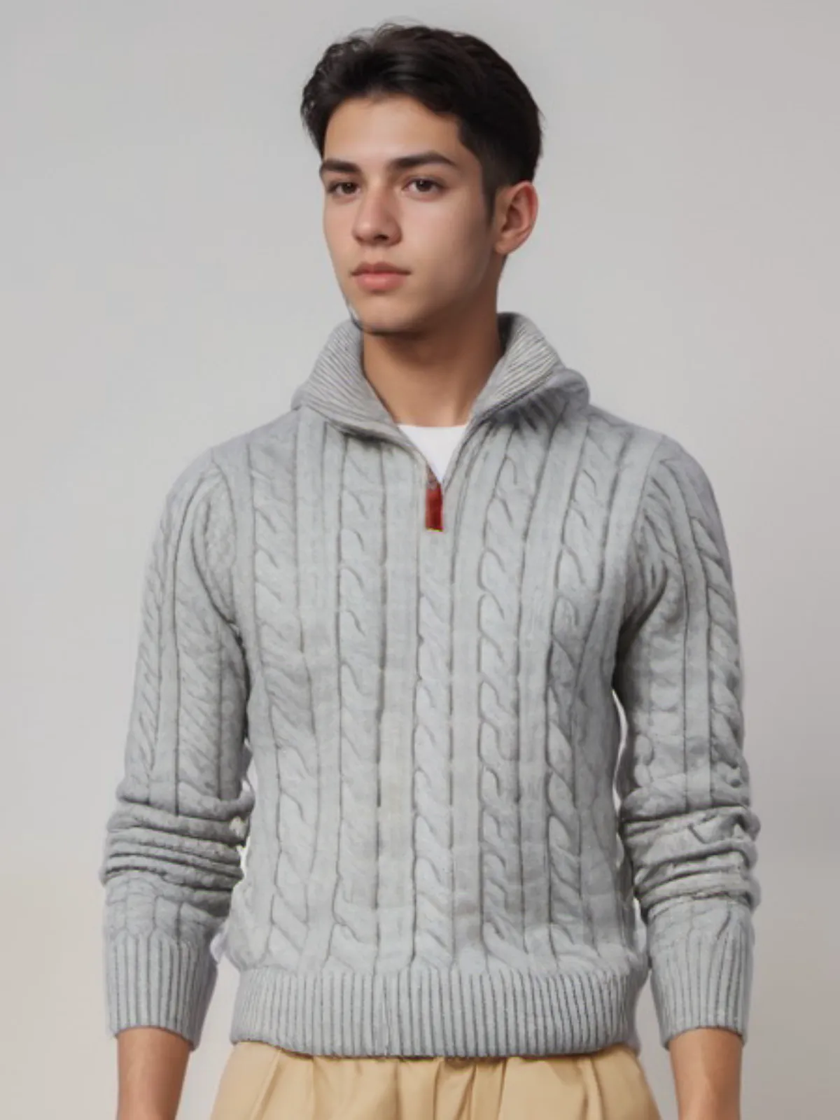 Classic Cable Knit Zip-Up Sweater for Men - 100% Cotton, Perfect for Fall and Winter