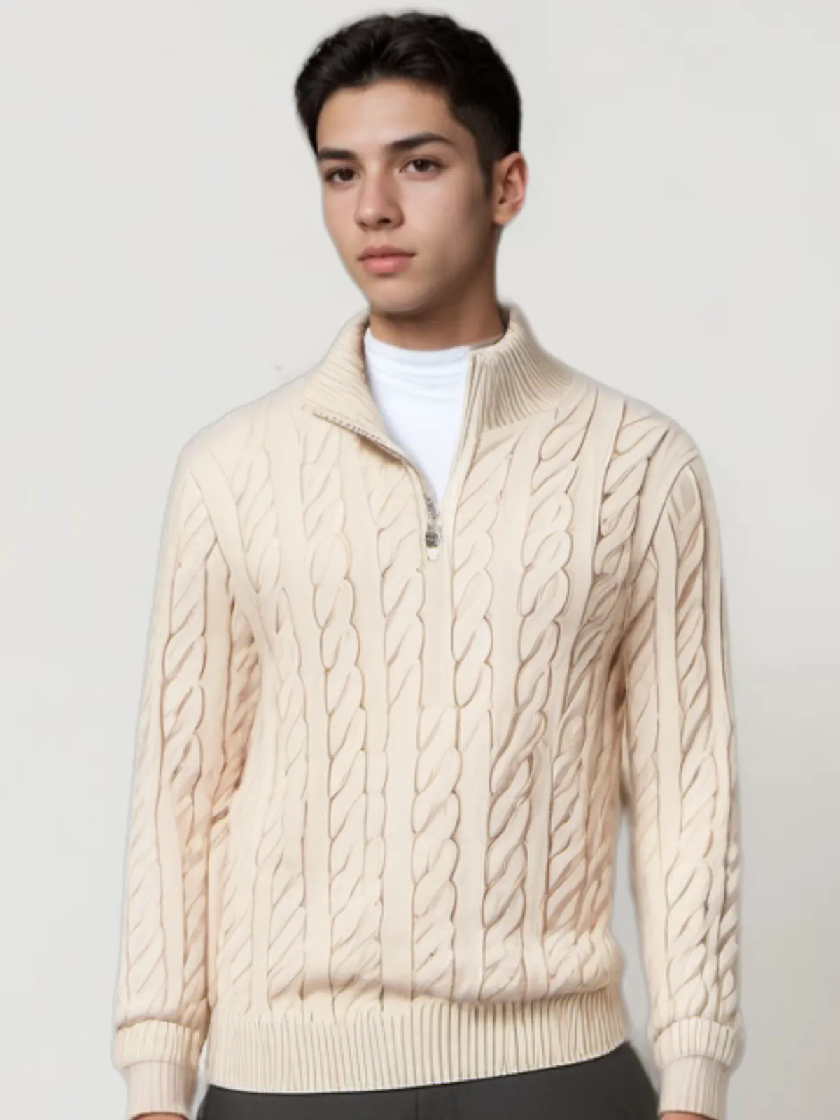 Classic Cable Knit Zip-Up Sweater for Men - 100% Cotton, Perfect for Fall and Winter