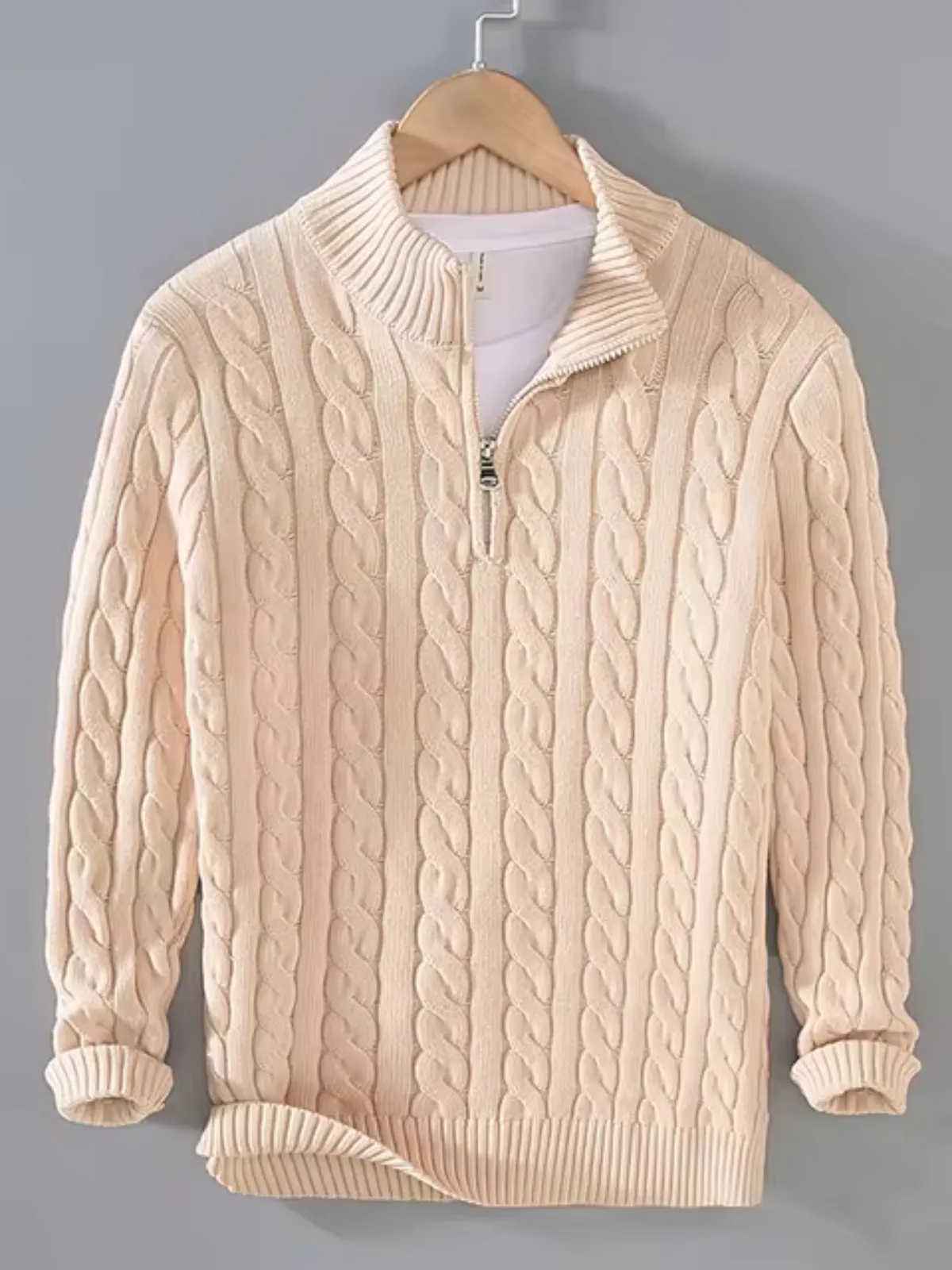 Classic Cable Knit Zip-Up Sweater for Men - 100% Cotton, Perfect for Fall and Winter