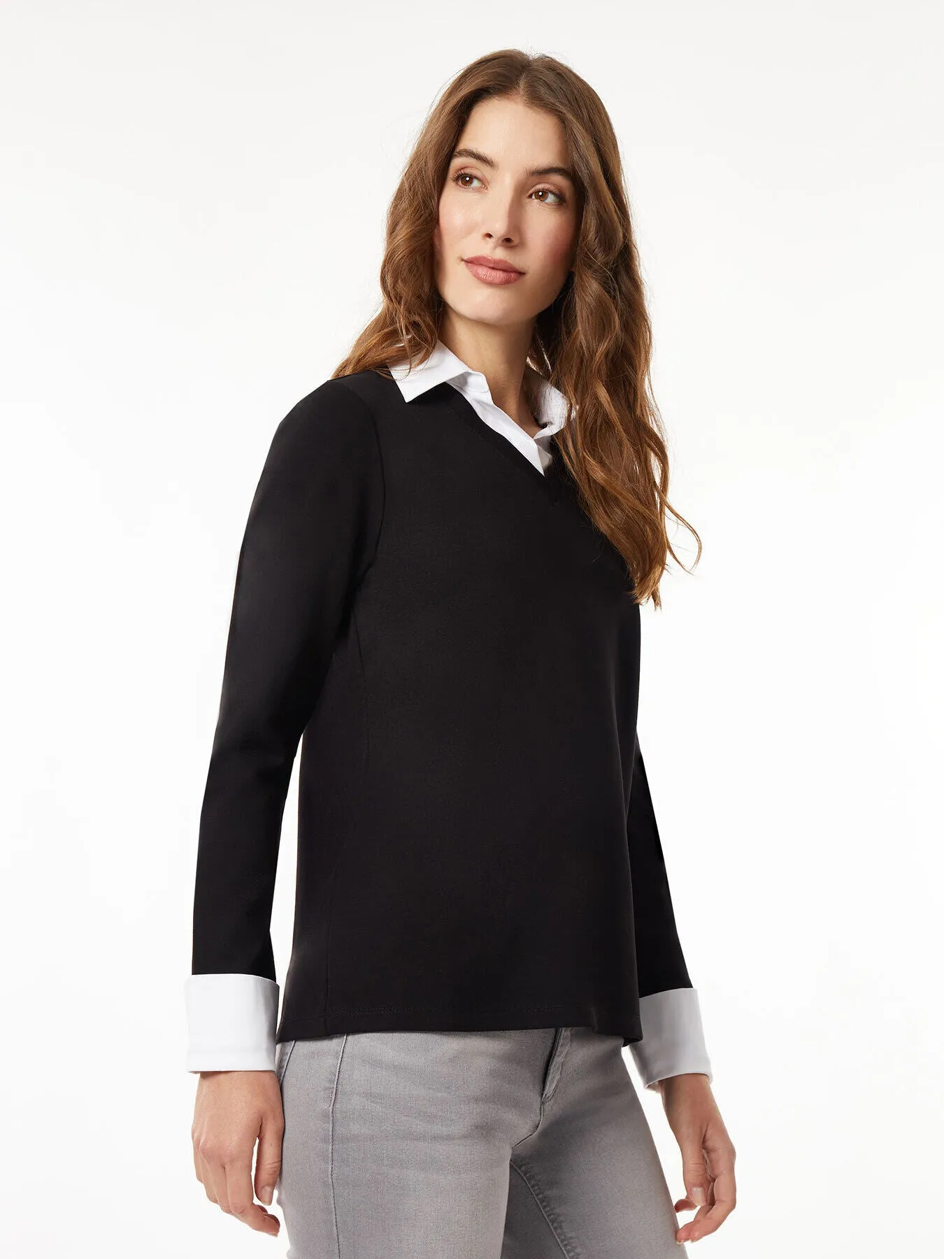 Collared Shirt V-Neck Sweater Combo Top