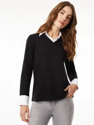 Collared Shirt V-Neck Sweater Combo Top