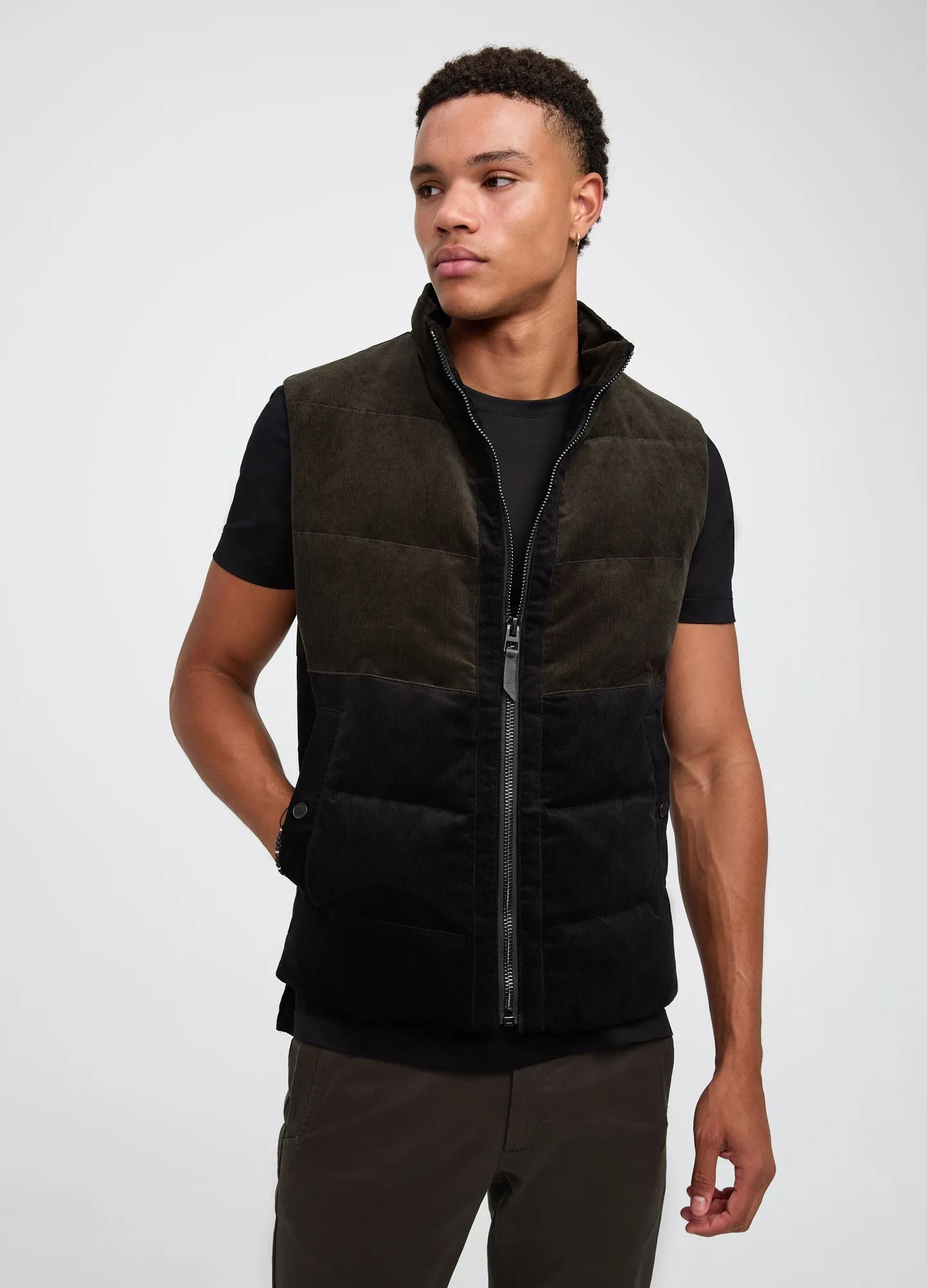 Cord Panelled Down Gilet Khaki Combo