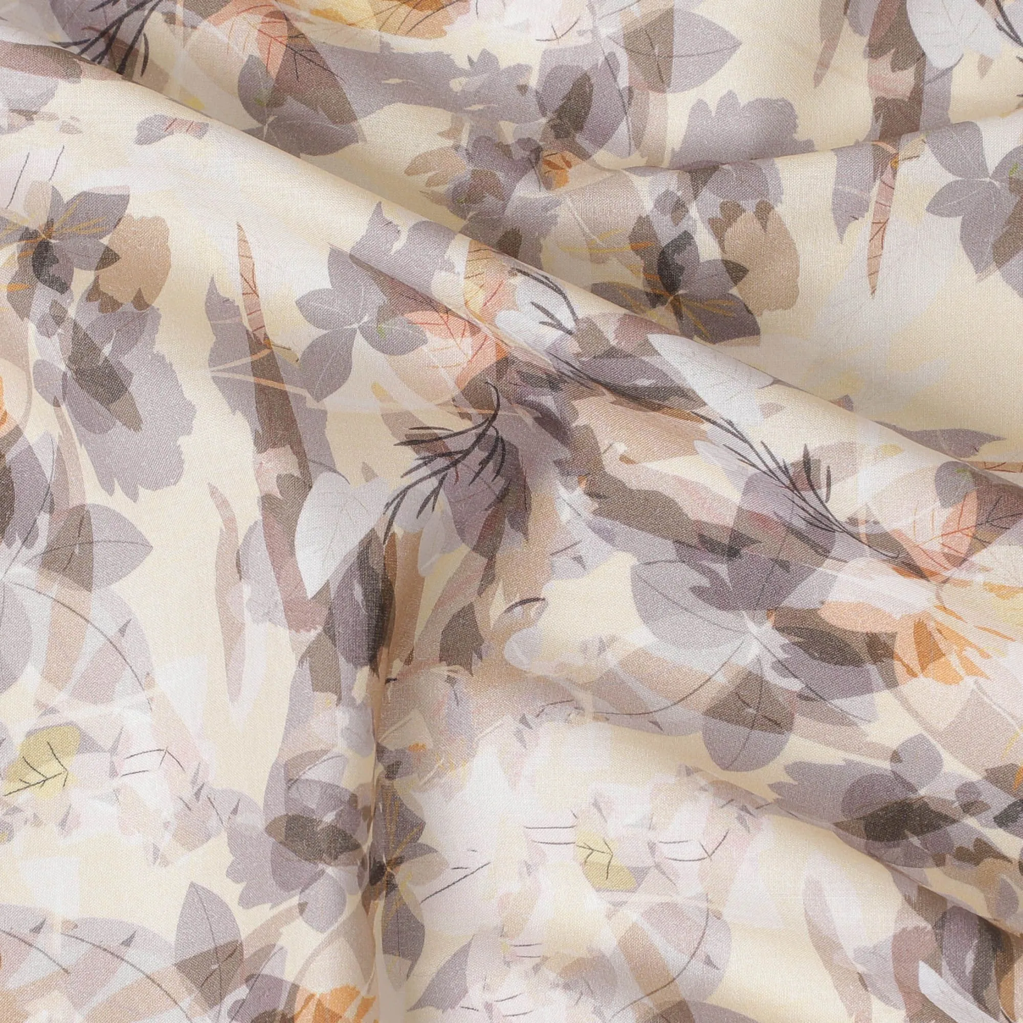 Cream cotton satin fabric with multicolor print in floral design-D16786