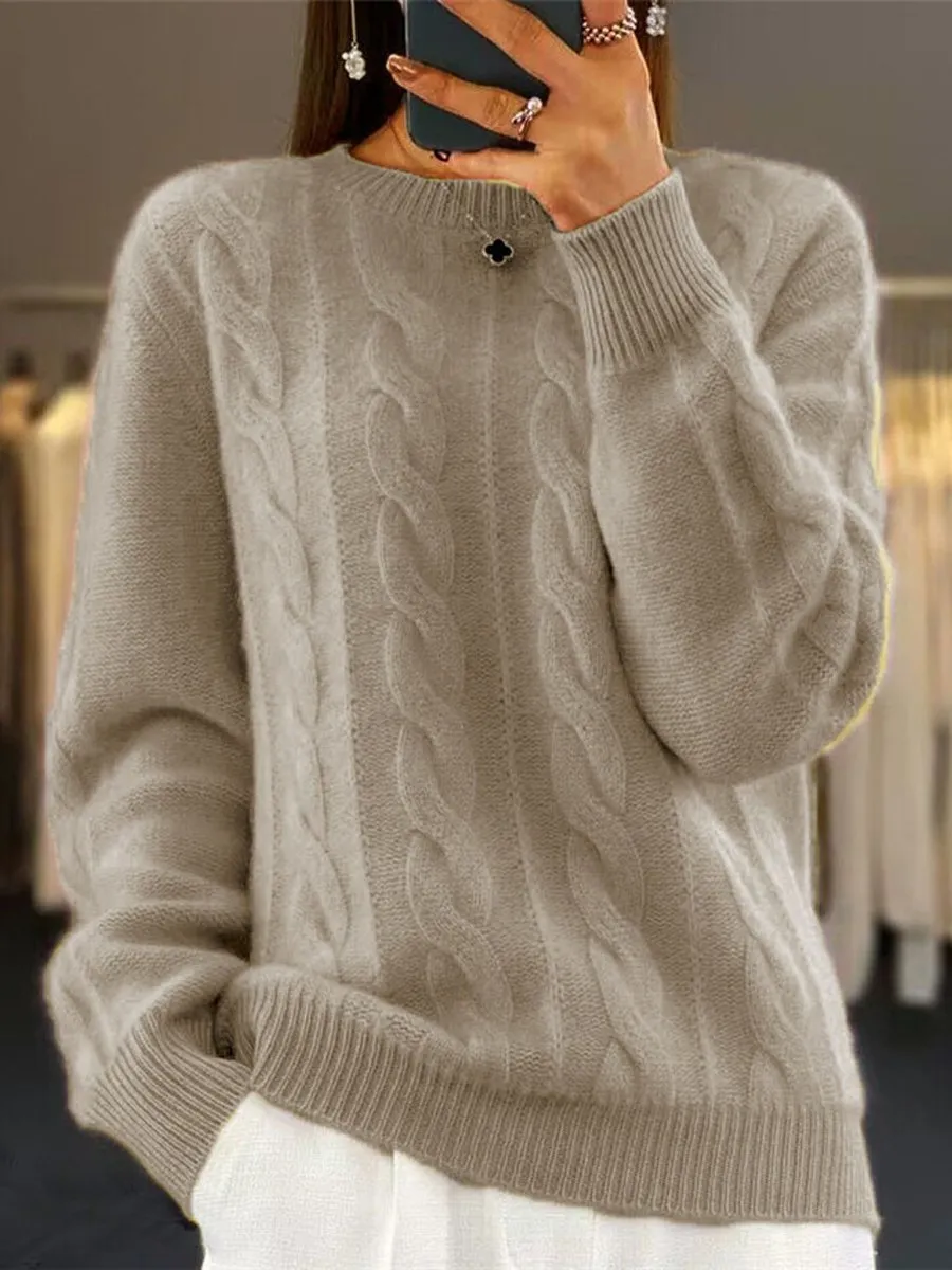 Crew Neck Solid Color Cable Knit Sweater