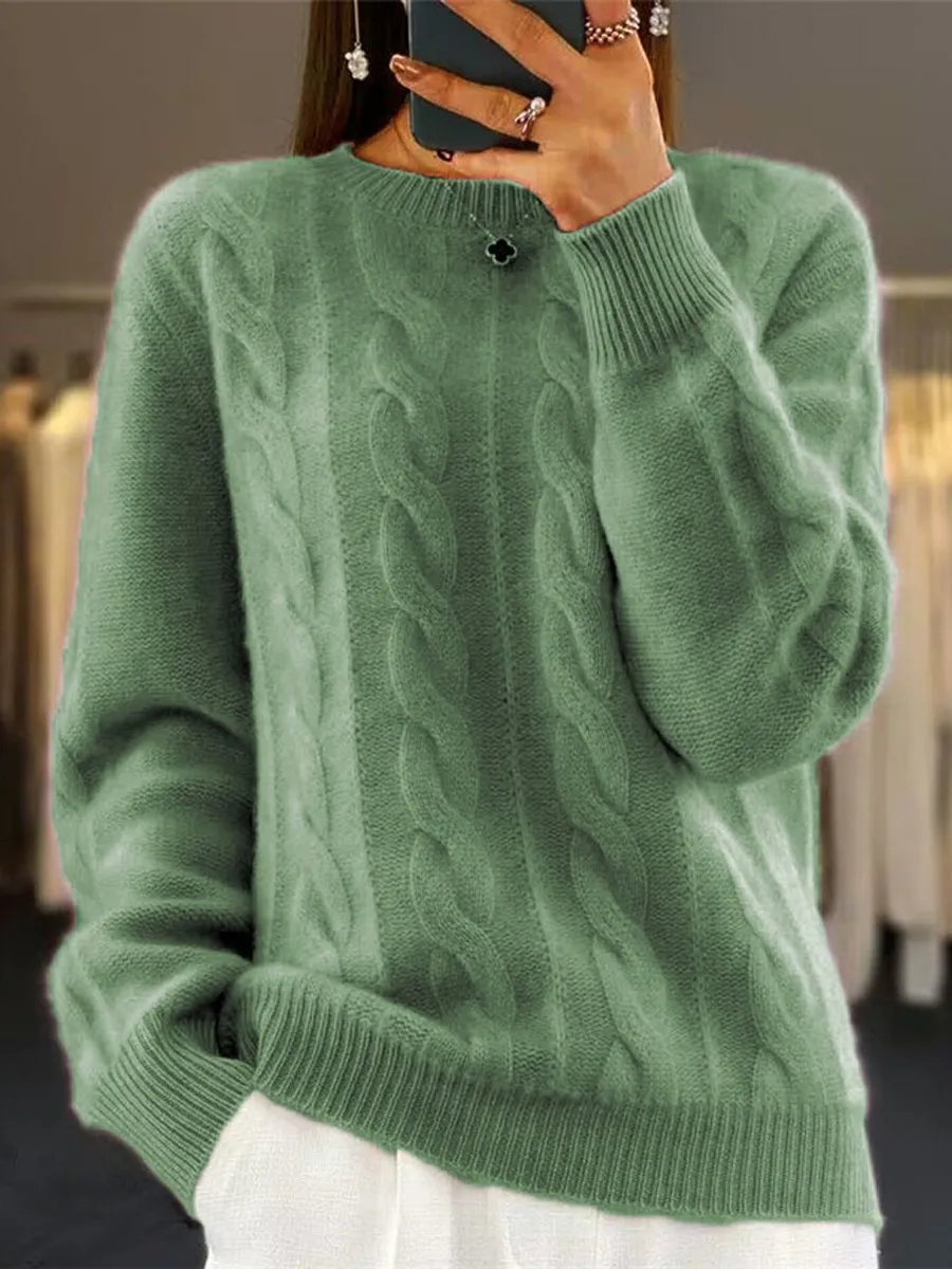 Crew Neck Solid Color Cable Knit Sweater