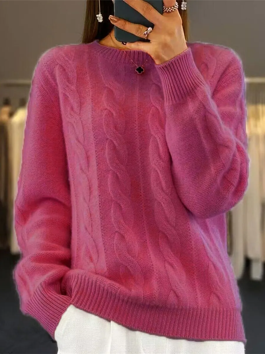 Crew Neck Solid Color Cable Knit Sweater