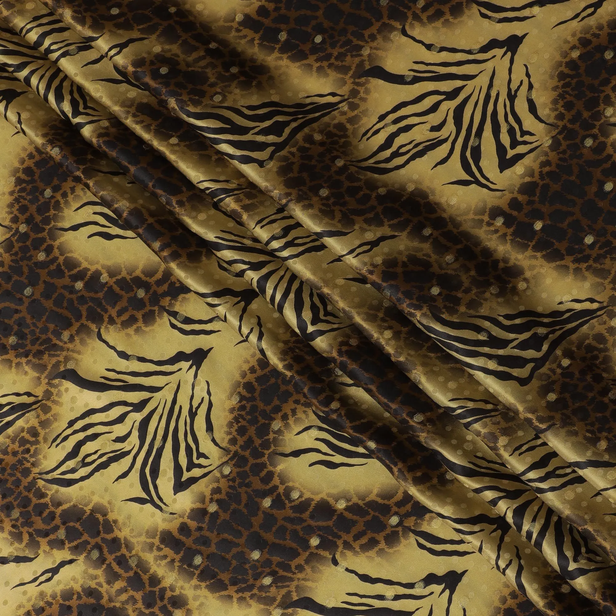 Dark gold Premium pure silk satin fabric with mustard, black print having gold metallic lurex in animal skin design-D17067