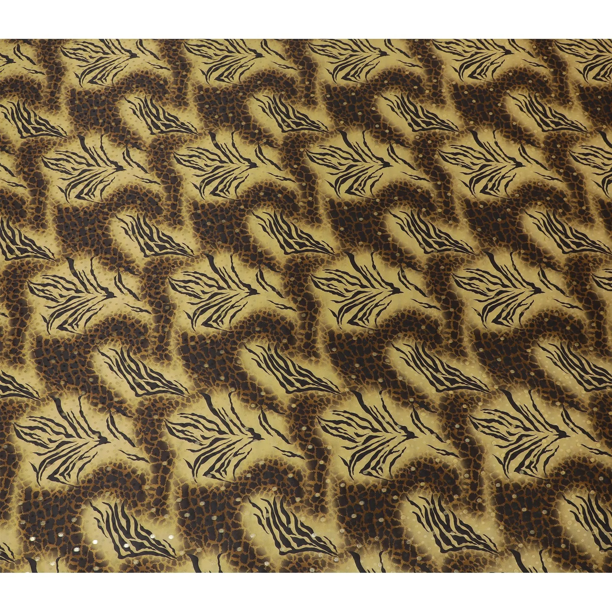 Dark gold Premium pure silk satin fabric with mustard, black print having gold metallic lurex in animal skin design-D17067