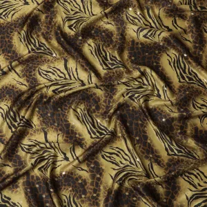 Dark gold Premium pure silk satin fabric with mustard, black print having gold metallic lurex in animal skin design-D17067