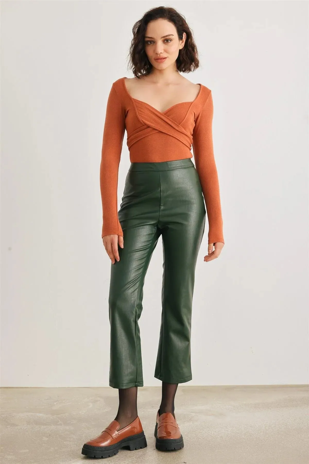 Dark Green Faux Leather High Waist Pants /2-2-2