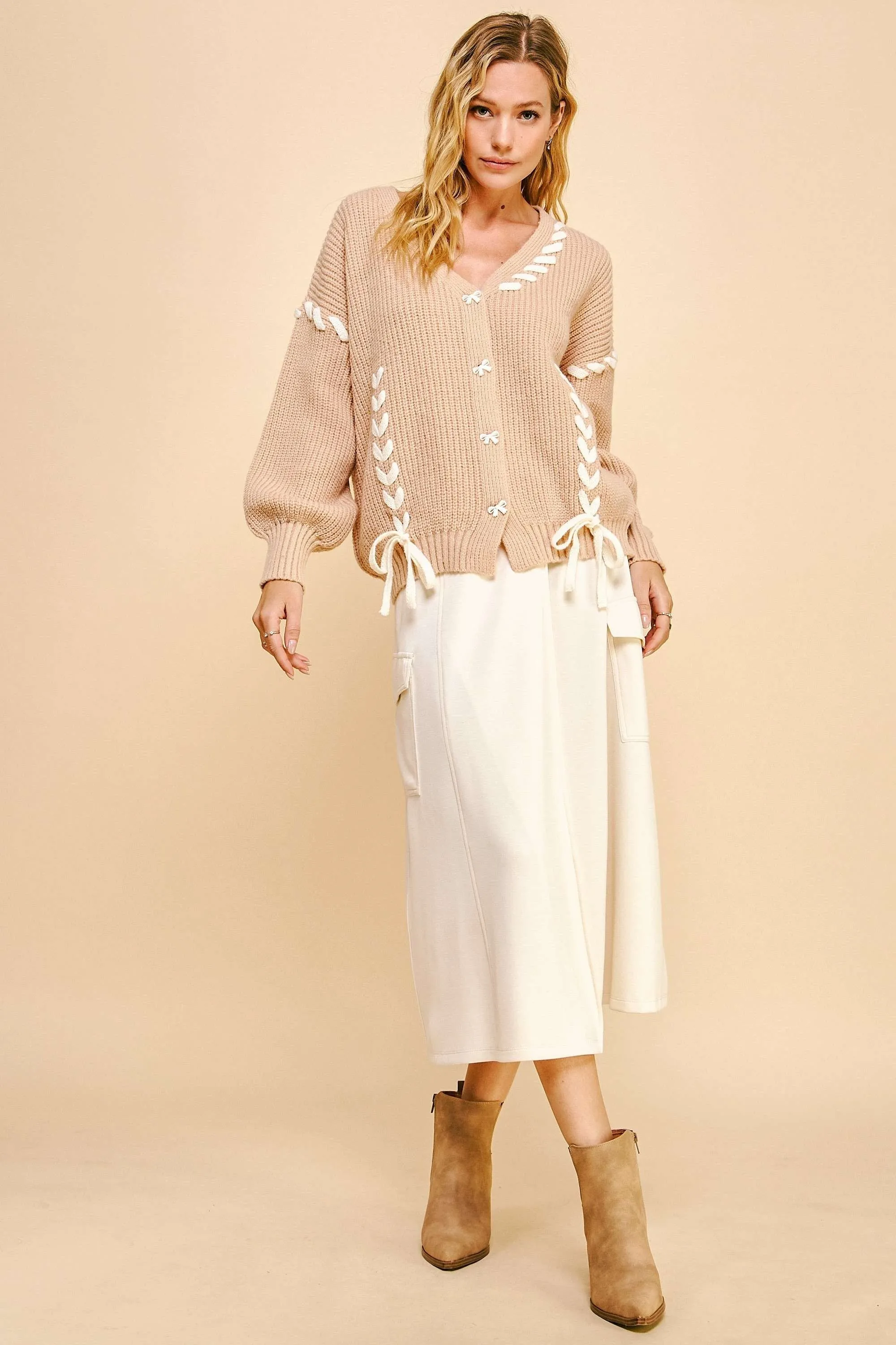 Davi & Dani Lace-Up Ribbon Bow Button Down Cardigan