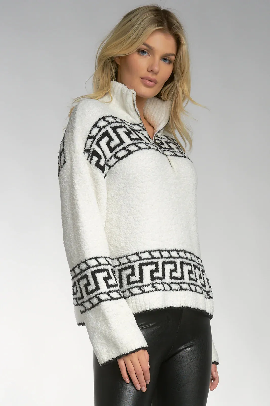 Elan White and Black 3/4 Zip Greek Key Sweater