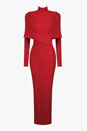 Elegant High Neck Wrapped Long Sleeve Ribbed Bandage Evening Maxi Dress