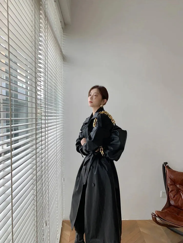 Elegant Long Leather Coat With Belt for Women | Ideal for Winter