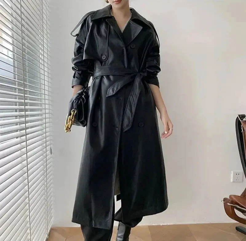 Elegant Long Leather Coat With Belt for Women | Ideal for Winter