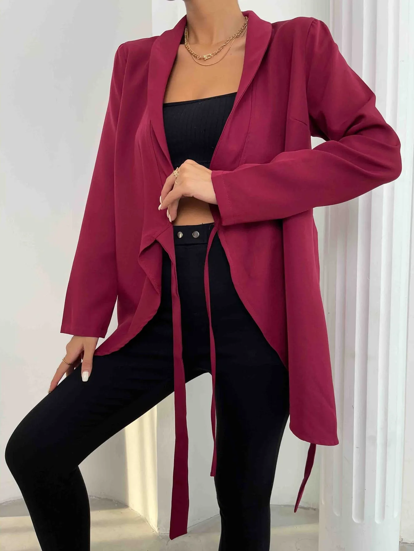 Elegant Plain Wrap Long Sleeve Shawl Collar Short Women Coat