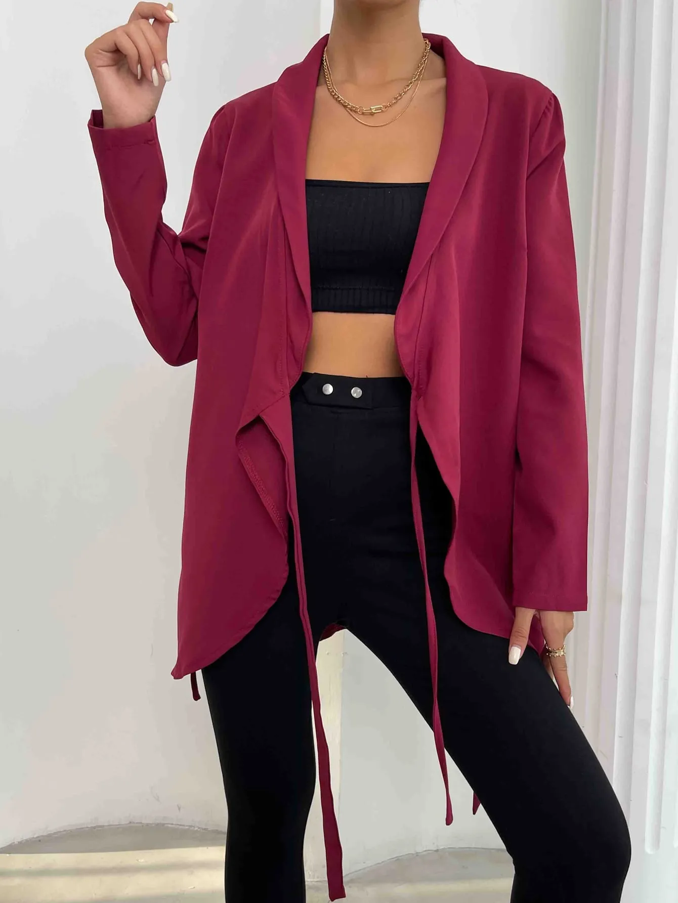 Elegant Plain Wrap Long Sleeve Shawl Collar Short Women Coat